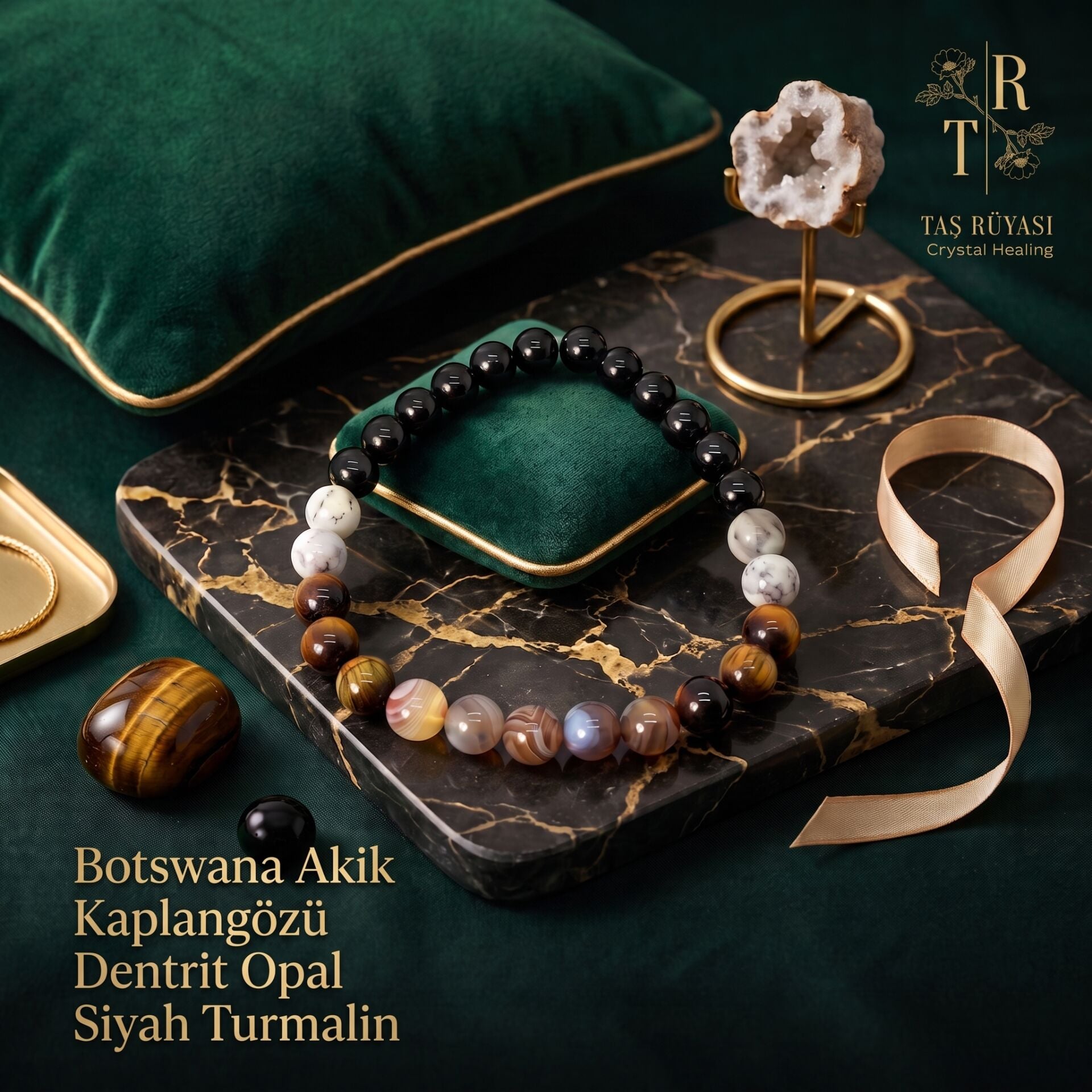 Bostwana Akik Kaplangözü Dentrit Opal Siyah Turmalin Bileklik 8 Mm