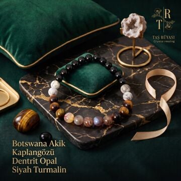 Bostwana Akik Kaplangözü Dentrit Opal Siyah Turmalin Bileklik 8 Mm
