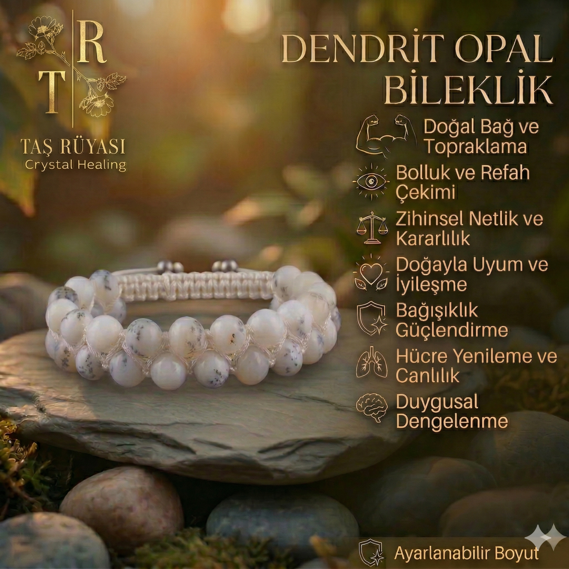 Dentrit Opal Çift Sıra Örme Bileklik 8mm – Doğaltaş Enerji Bilekliği, Şifa ve Denge Taşı