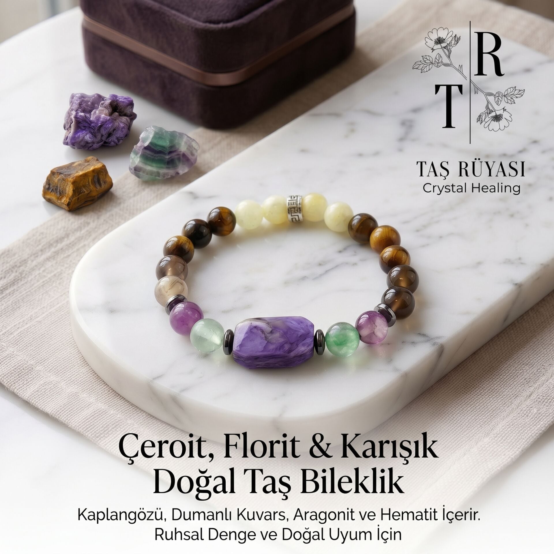 Ceroit Florit Dumanlı Kuvars Kaplangözü Aragonit Hematit Bileklik 8 Mm