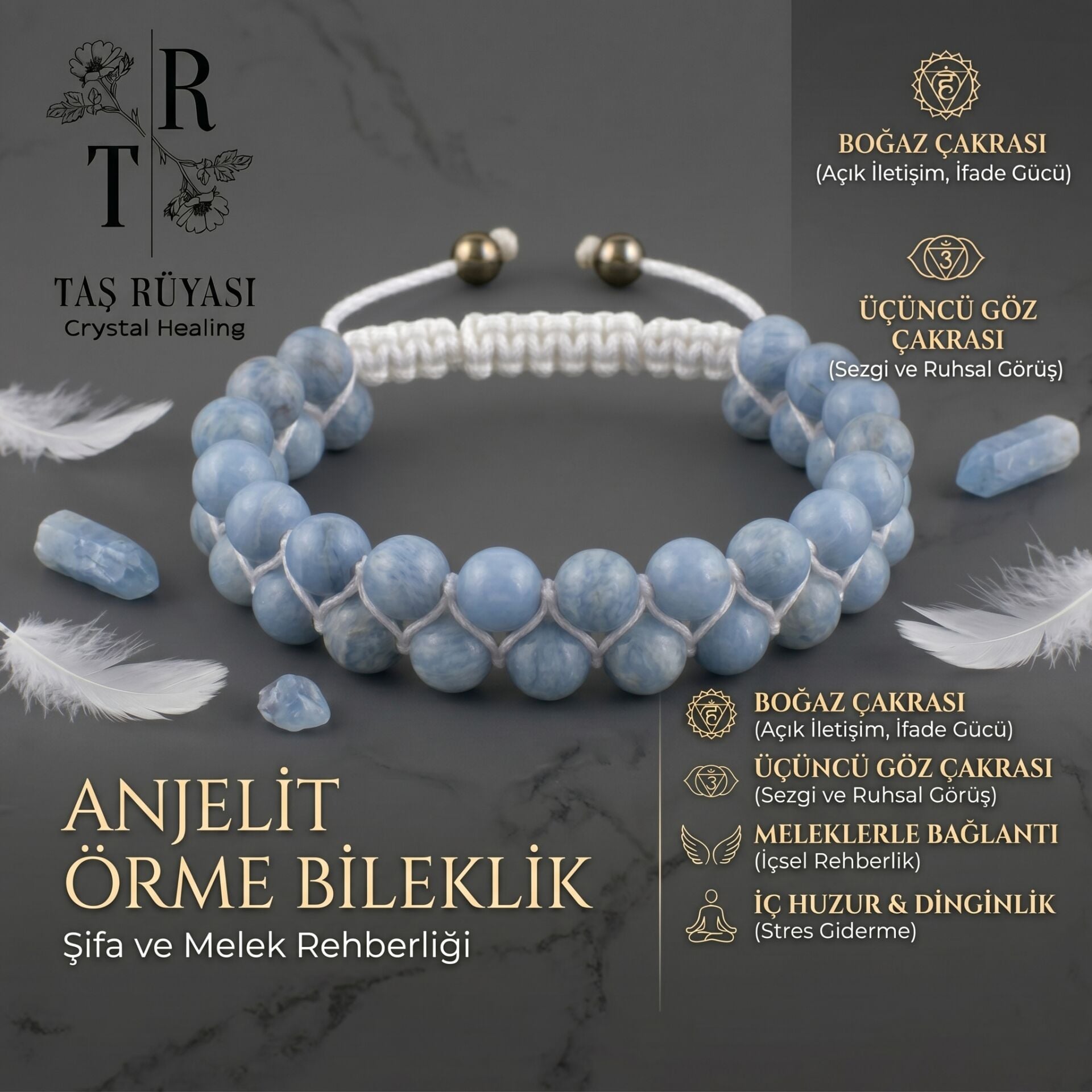Anjelit Taşı Örme Bileklik 8 mm | Melek Taşı Doğal Taş Bileklik, Boğaz Çakrası ve Enerji Dengeleyici