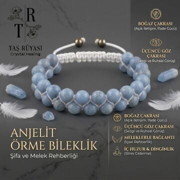 Anjelit Taşı Örme Bileklik 8 mm | Melek Taşı Doğal Taş Bileklik, Boğaz Çakrası ve Enerji Dengeleyici