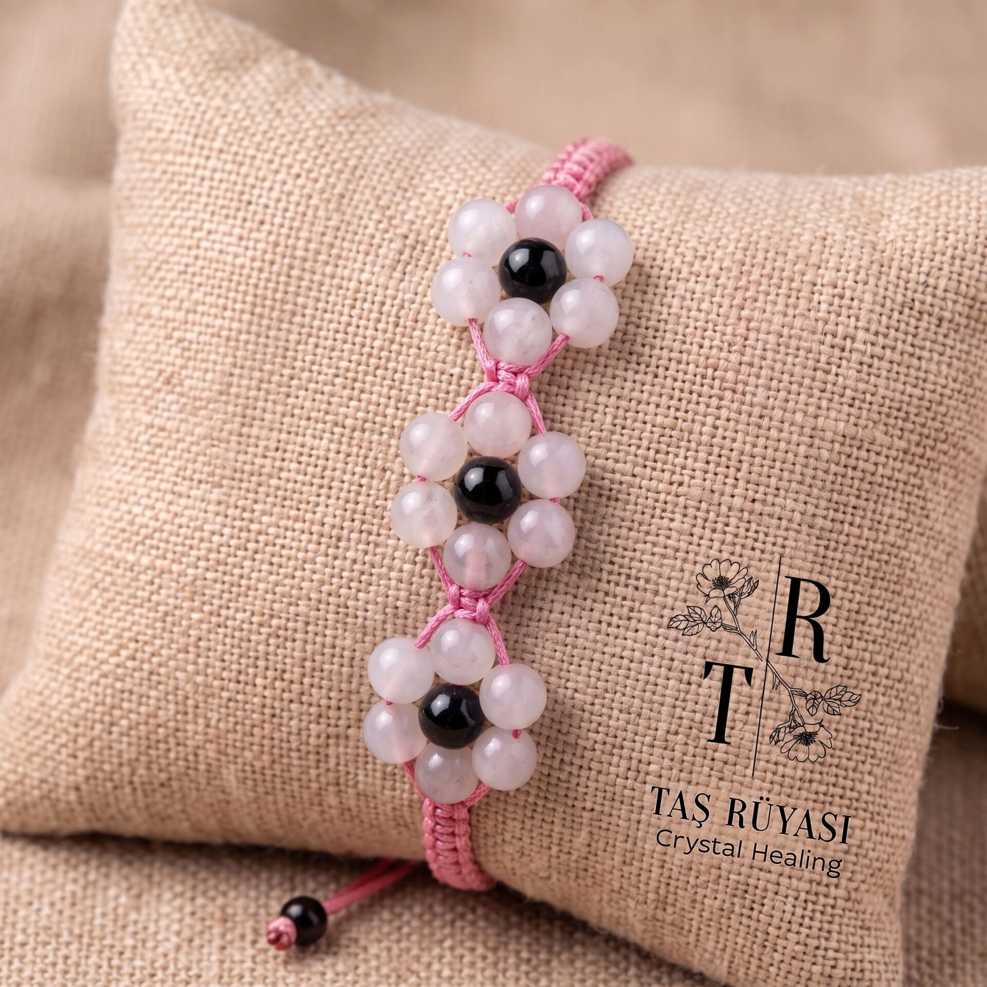 Pembe Kuvars Siyah Turmalin Çiçek Motifli Örme Bileklik 6 Mm ( Üçlü)