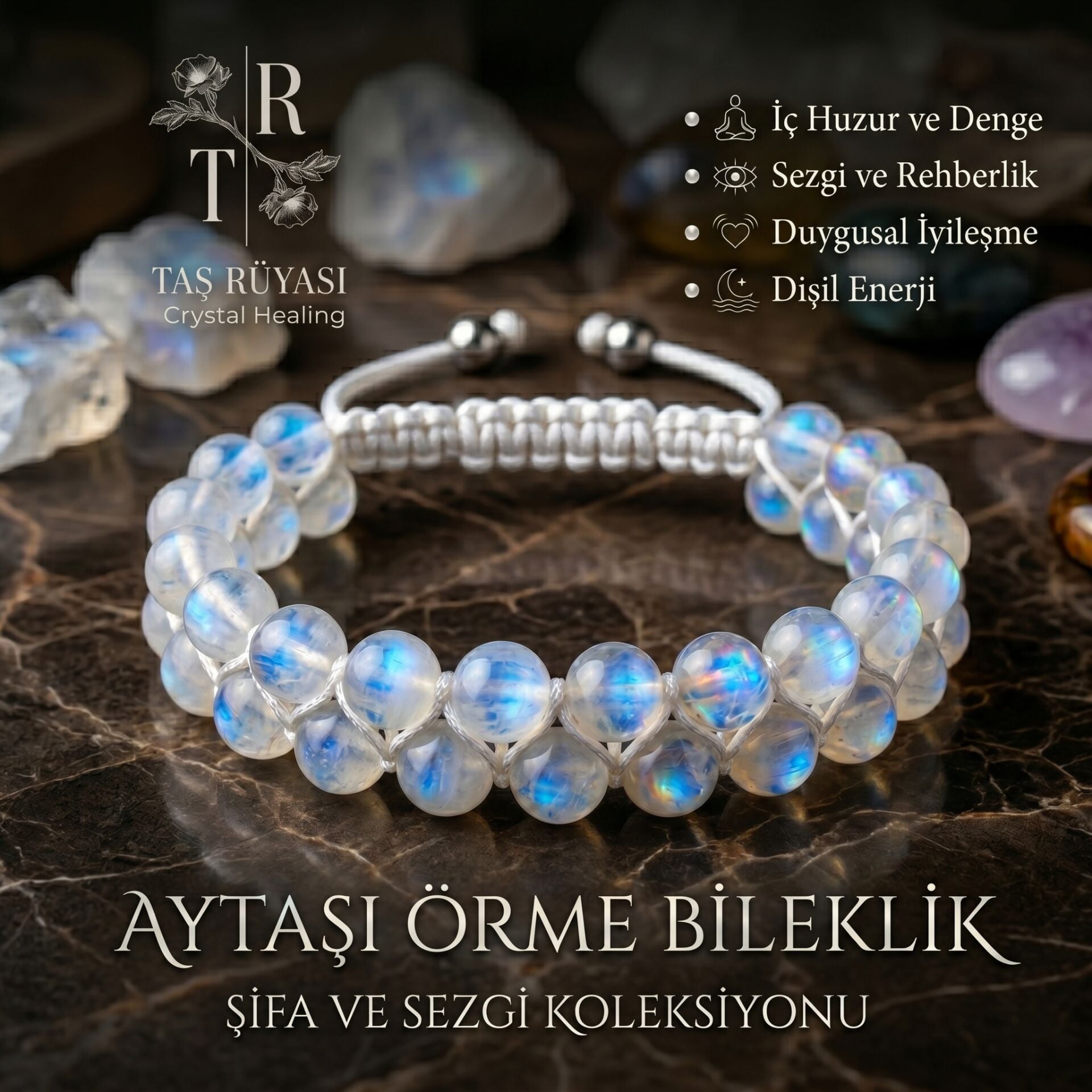 Aytaşı Örme Bileklik 8 mm | Doğal Ay Taşı Bileklik, Dişil Enerji ve Duygusal Denge Taşı