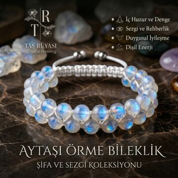 Aytaşı Örme Bileklik 8 mm | Doğal Ay Taşı Bileklik, Dişil Enerji ve Duygusal Denge Taşı