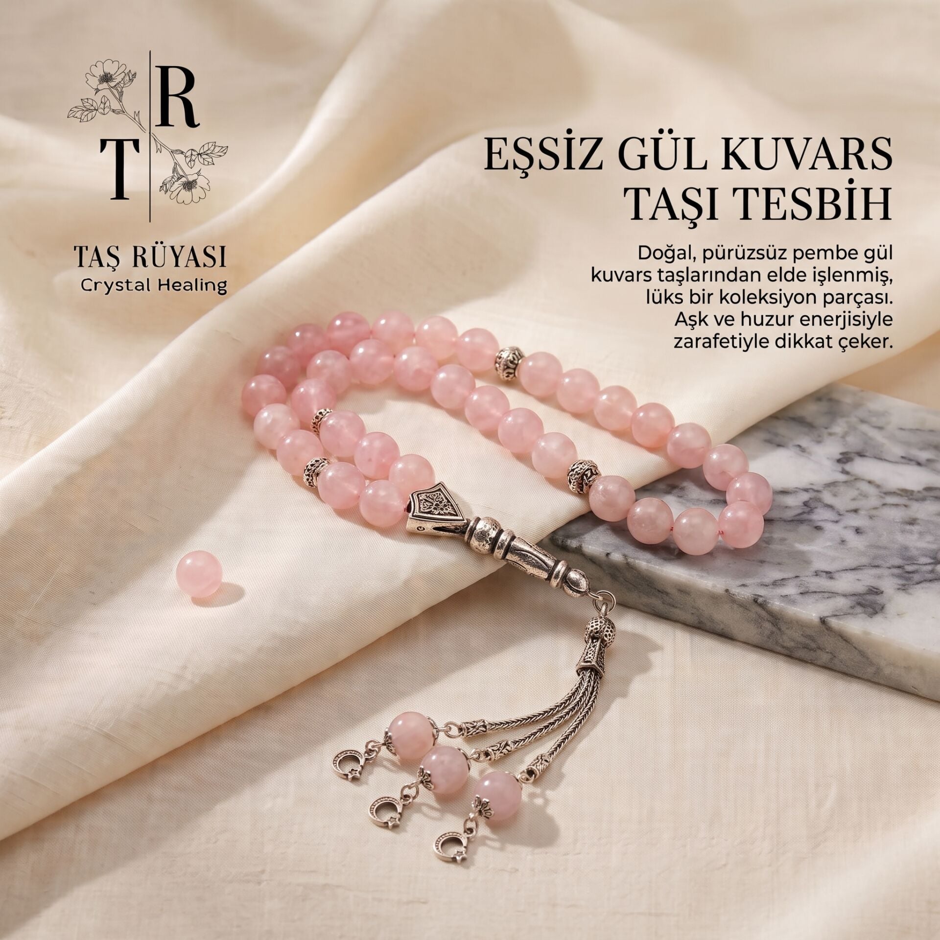 Pembe Kuvars 8 mm Doğaltaş Tesbih