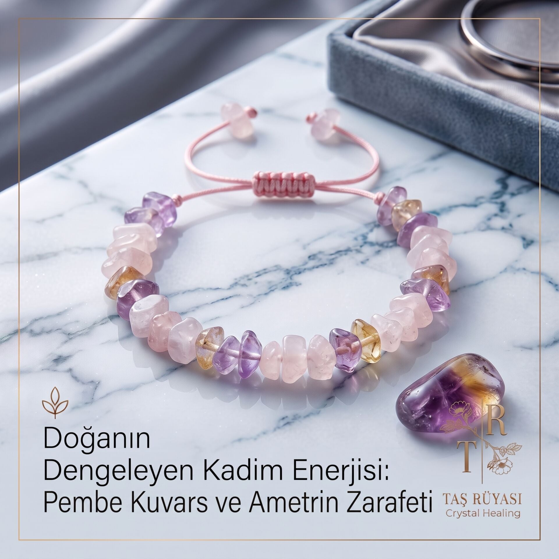 Pembe Kuvars ve Ametrin Kırık Taş Örme Bileklik