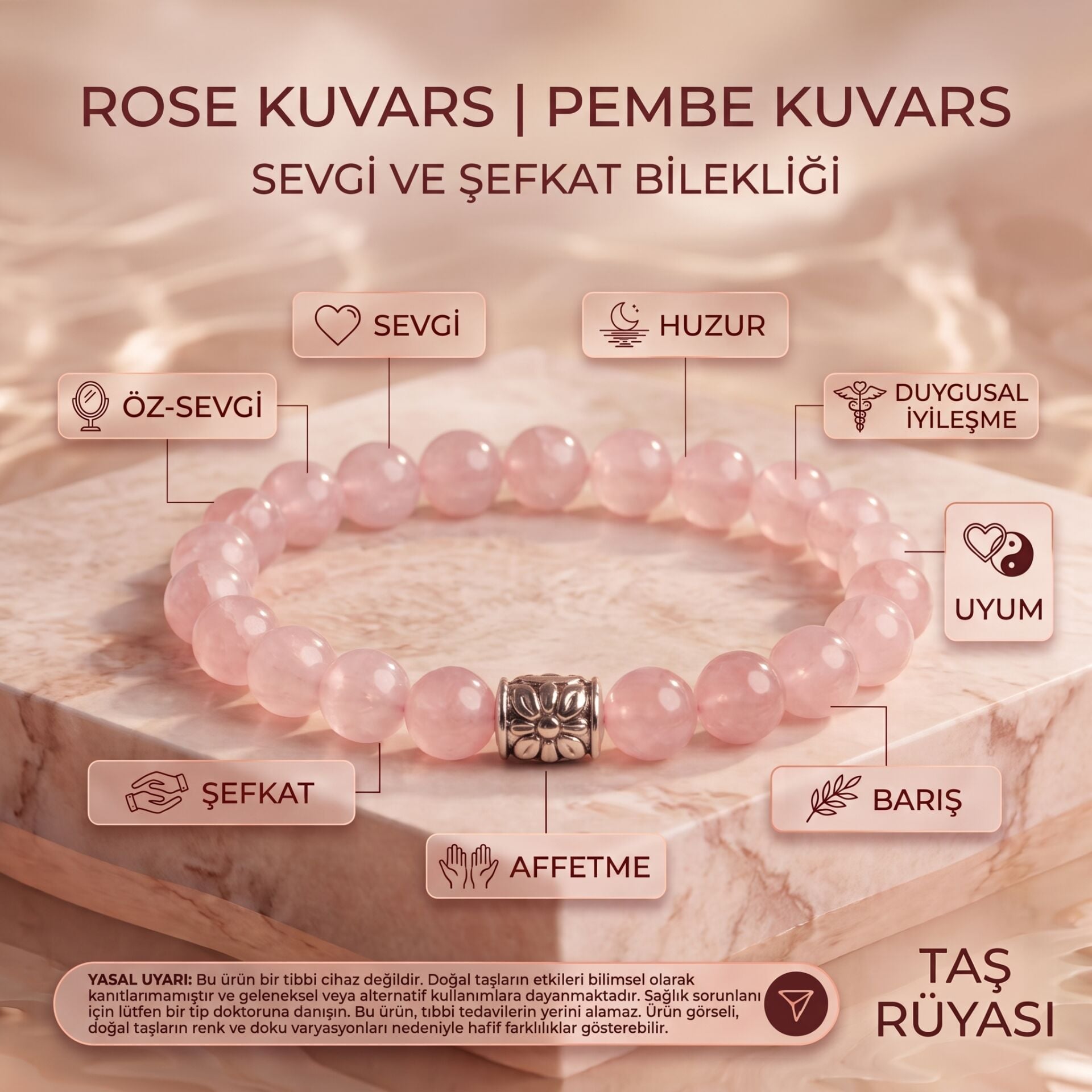 Pembe Kuvars 8 mm Doğal Taş Bileklik