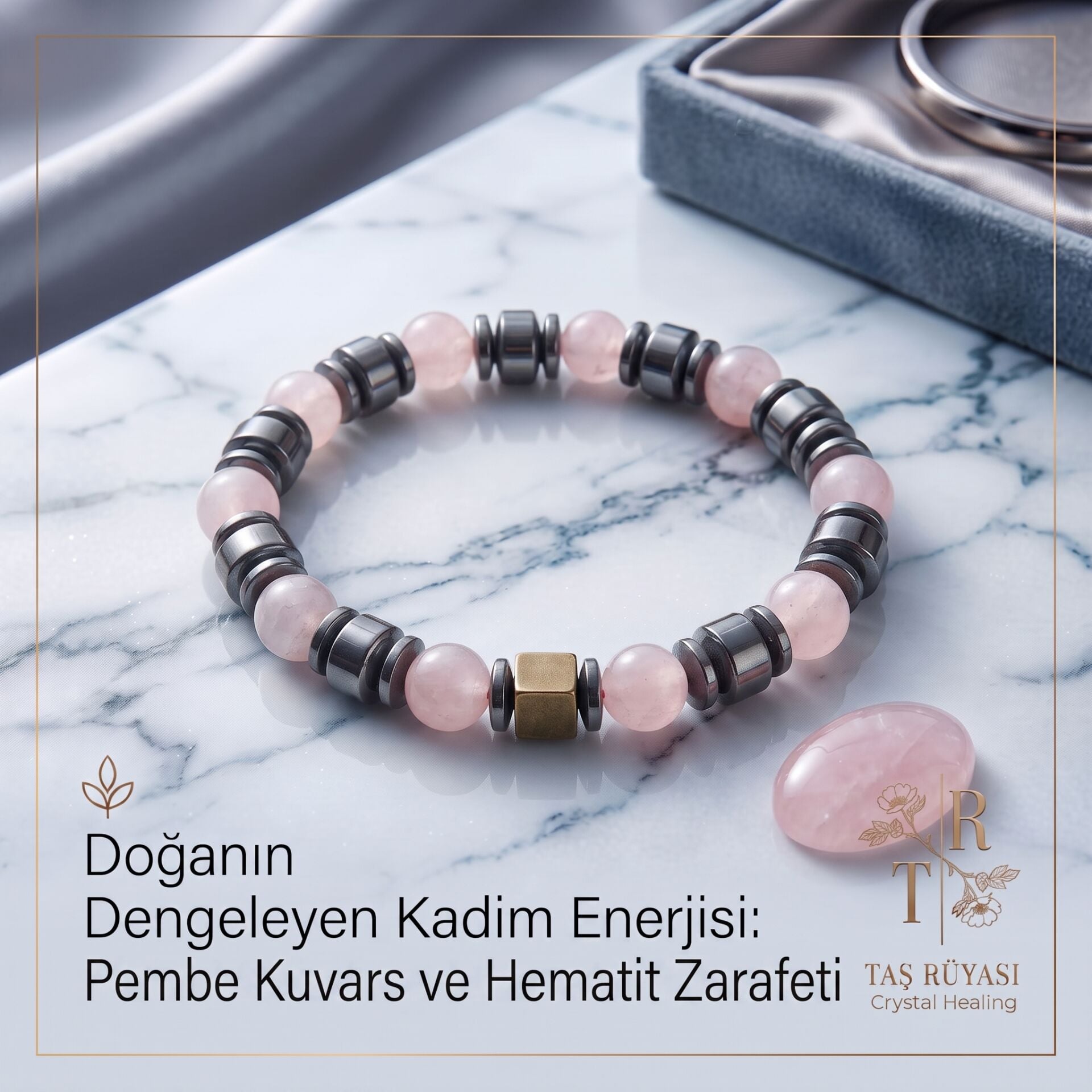 Pembe Kuvars & Hematit 8 mm Doğal Taş Bileklik