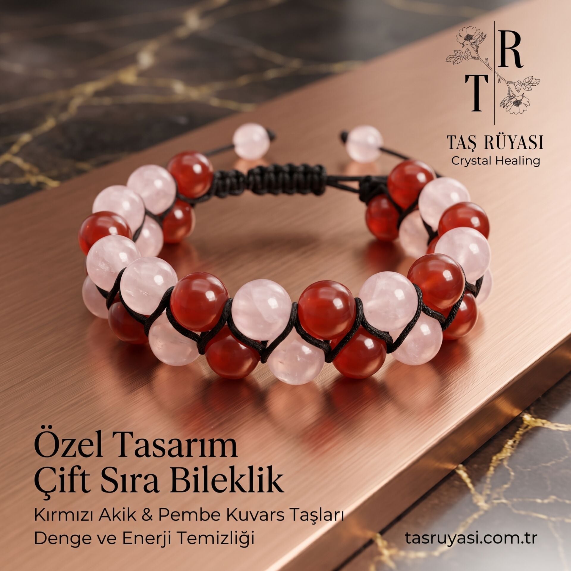 Kırmızı Akik & Pembe Kuvars 8 mm Çift Sıra Örme Doğal Taş Bileklik