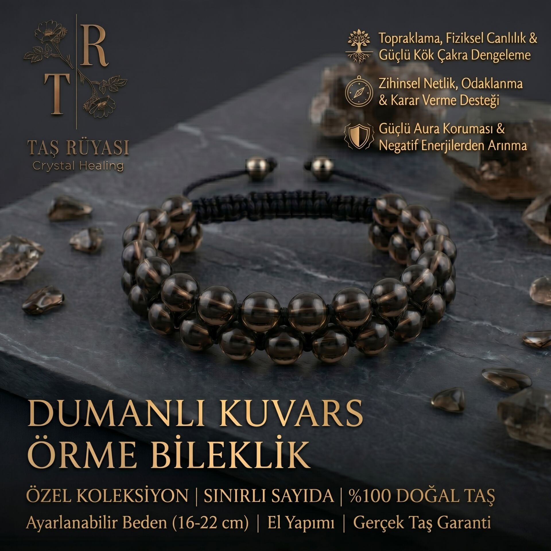 Dumanlı Kuvars Örme Bileklik 8 mm | Doğal Taş Bileklik, Negatif Enerji Temizleme ve Topraklama Taşı