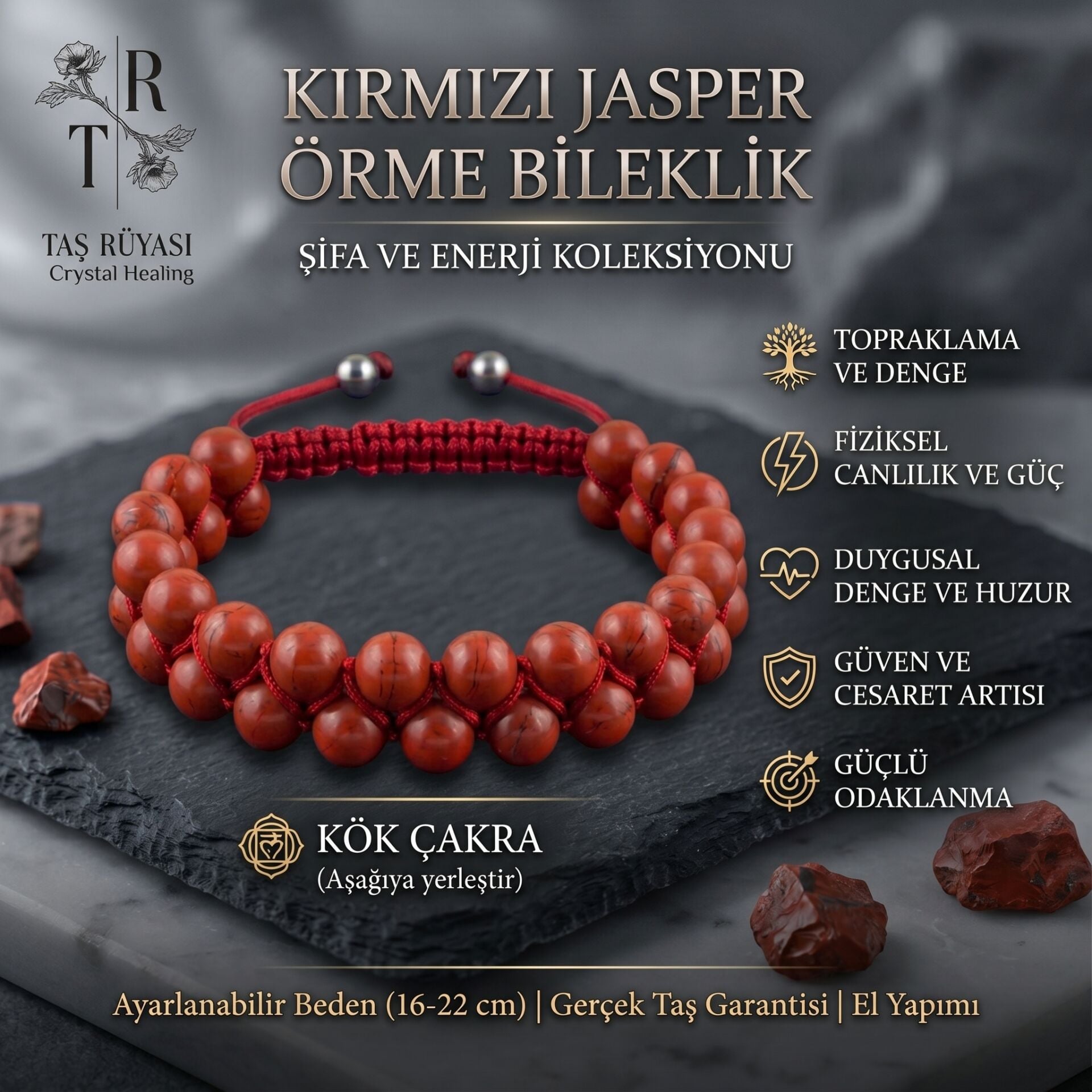 Kırmızı Jasper Örme Bileklik 8 mm | Doğal Taş Bileklik, Güç ve Topraklama Enerjisi