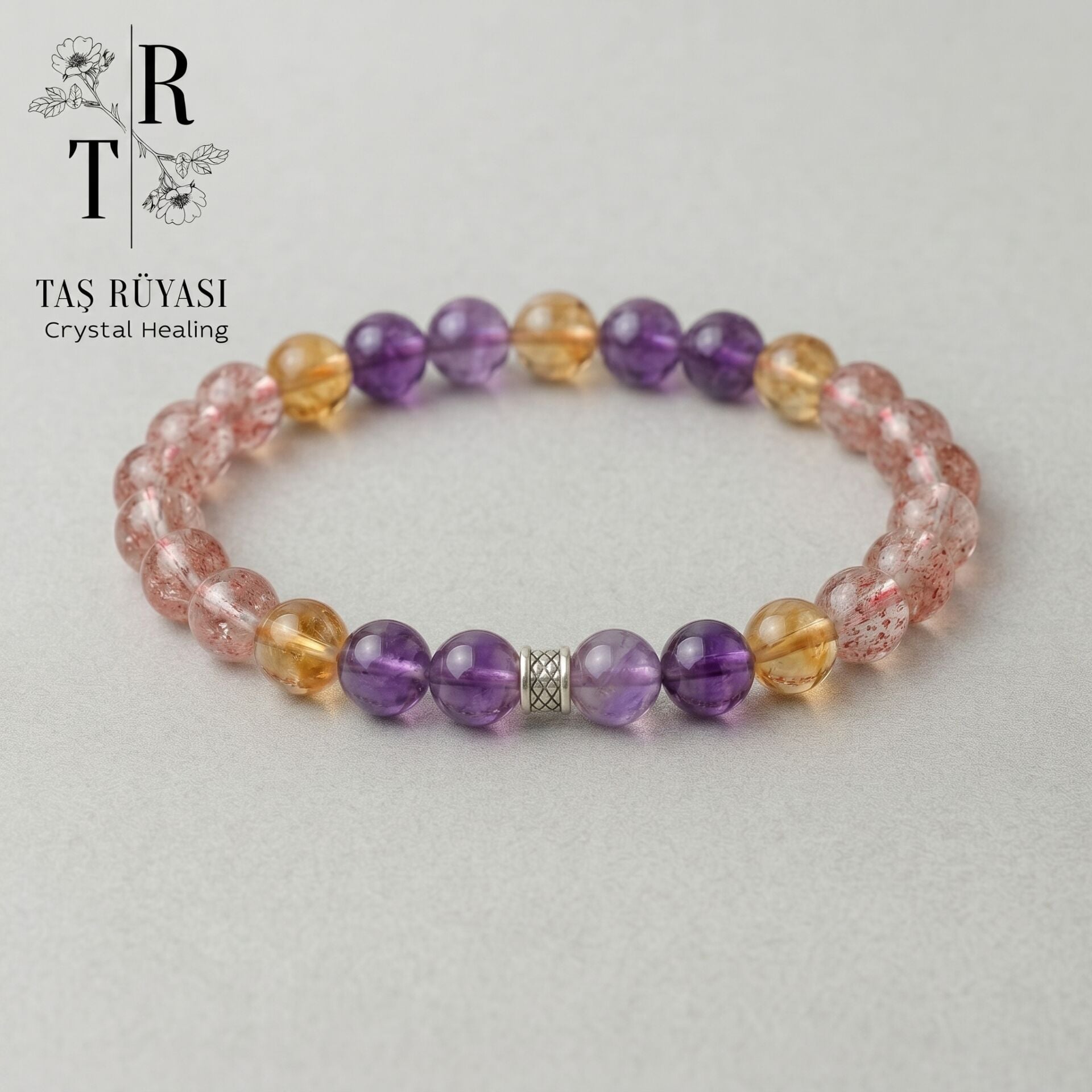 Ametist, Sitrin ve Çilek Kuvars Karma Doğal Taş Bileklik