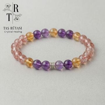 Ametist, Sitrin ve Çilek Kuvars Karma Doğal Taş Bileklik