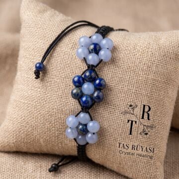 Kalsedon Lapis Lazuli Çiçek Motifli Örme Bileklik 6 Mm( Üçlü)