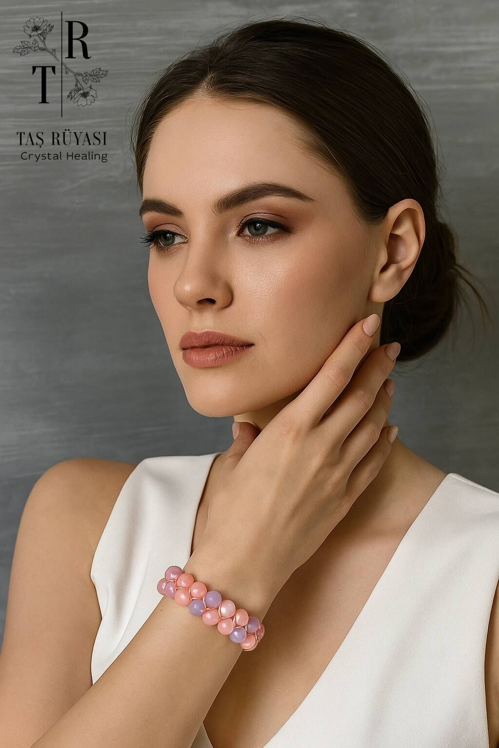 Kalsedon Pembe Kuvars ( Gül Kuvars) Çift Sıra Örme Bileklik 8 Mm