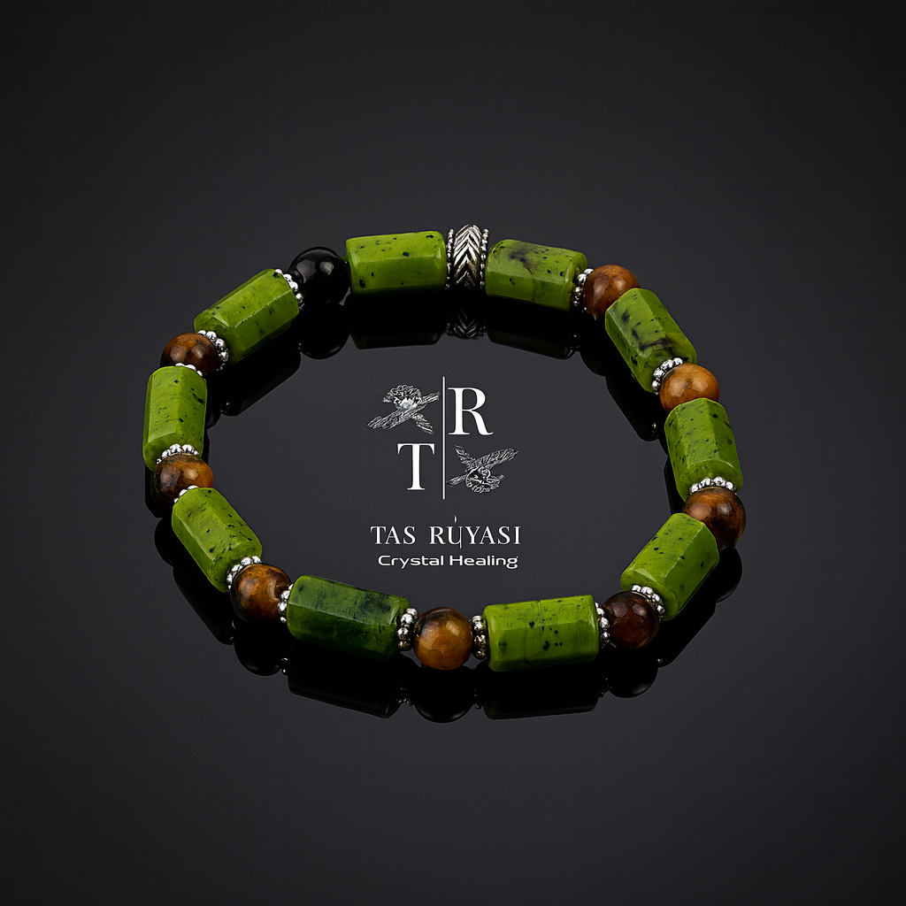 Kanada Yeşim Taşı & Kaplangözü Doğaltaş Bileklik – Güç, Denge ve Koruma Enerjisi