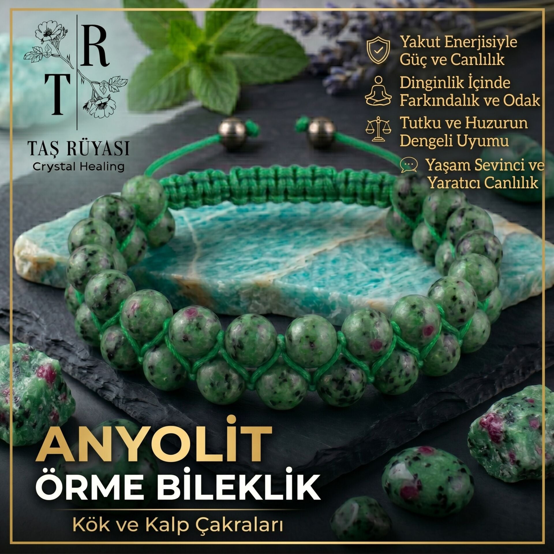 Orijinal Anyolit (Yakutlu Zoisit) Taşı Örme Bileklik