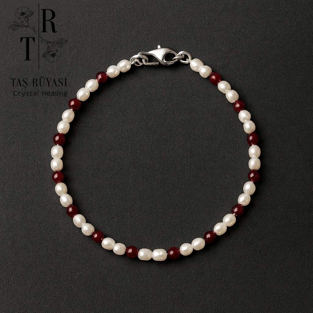 Kum Inci Lal Taşı (Garnet) Bileklik  Zincir Uzatmalı