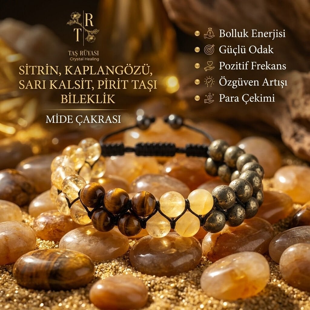 Kaplangözü, Sitrin, Pirit, Sarı Kalsit 8 mm Örme Bileklik| Bereket ve Güç Kombinasyonu