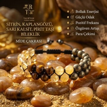 Kaplangözü, Sitrin, Pirit, Sarı Kalsit 8 mm Örme Bileklik| Bereket ve Güç Kombinasyonu
