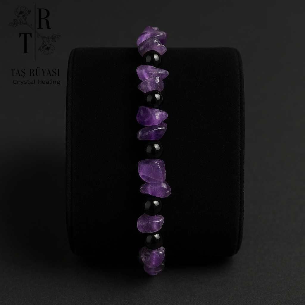 Kırıktaş Ametist & 6 mm Siyah Turmalin Bileklik – Negatif Enerji Koruyucu Doğaltaş Bileklik