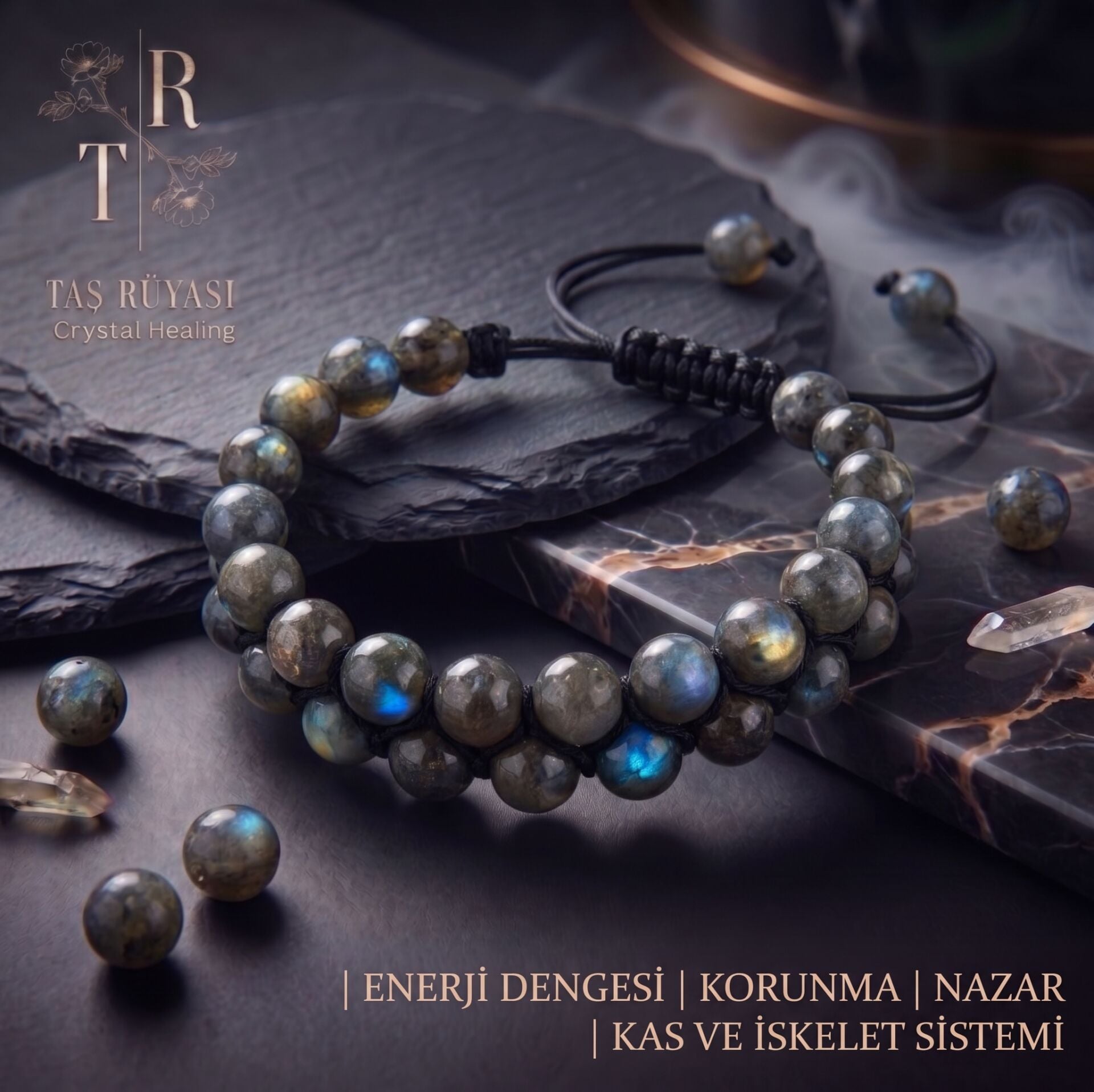 LABRADORİT ÇİFR SIRA ÖRME BİLEKLİK 8 MM