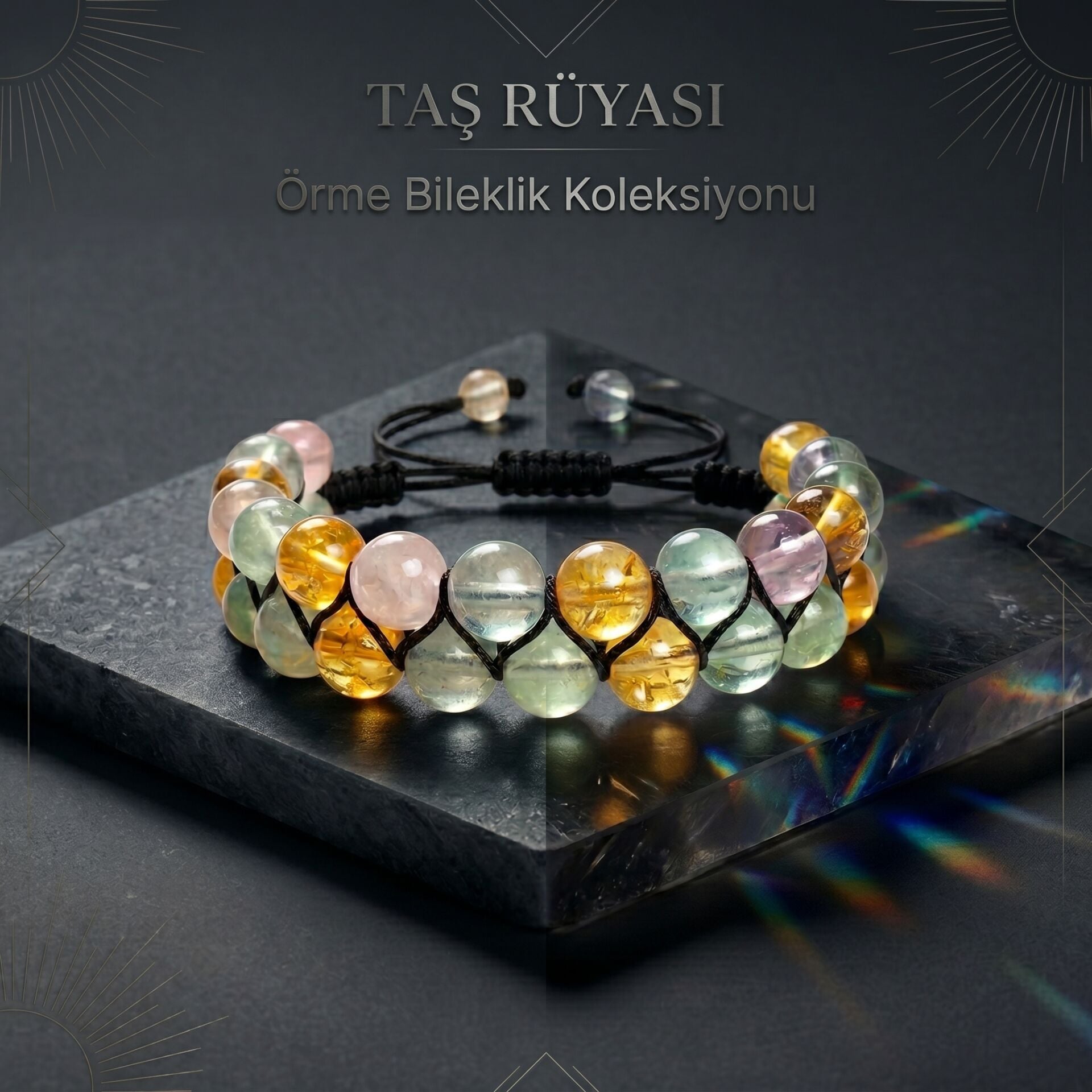 Sitrin ve Florit Taşı Çift Sıra Örme Bileklik