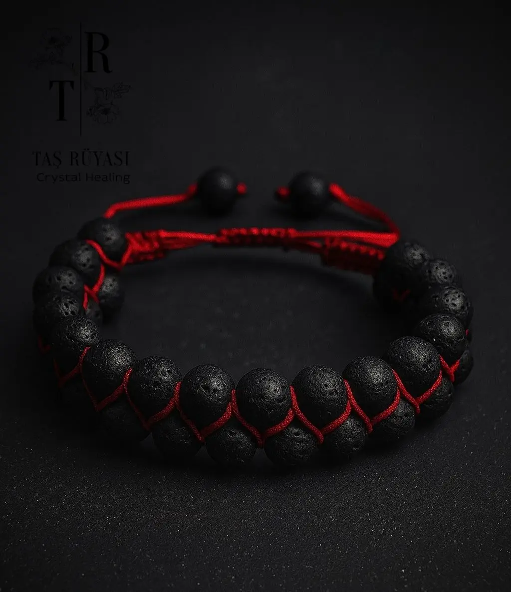 Lav Taşı Çift Sıra Örme Bileklik 8 Mm ( Kırmızı Ipli)