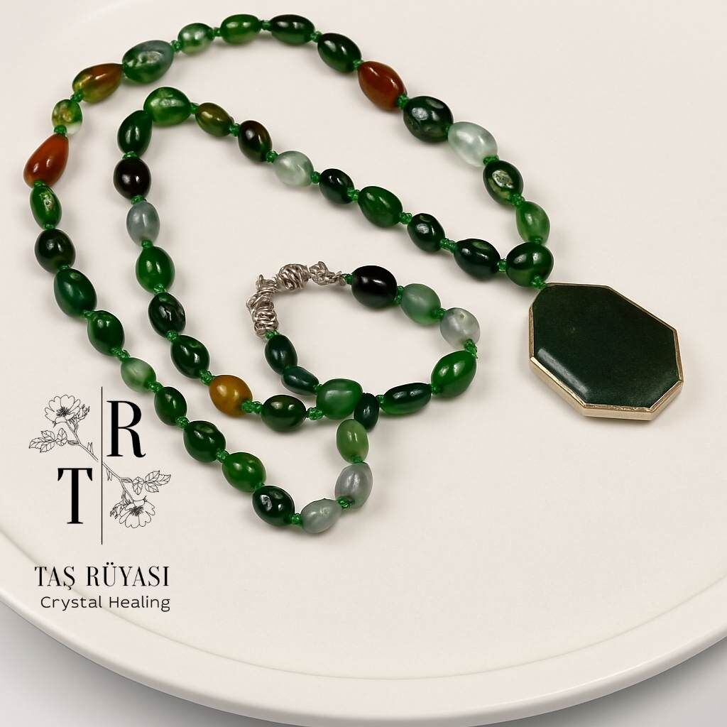 Amorf Kesim Hint Akik & Yeşim Taşı Kolye