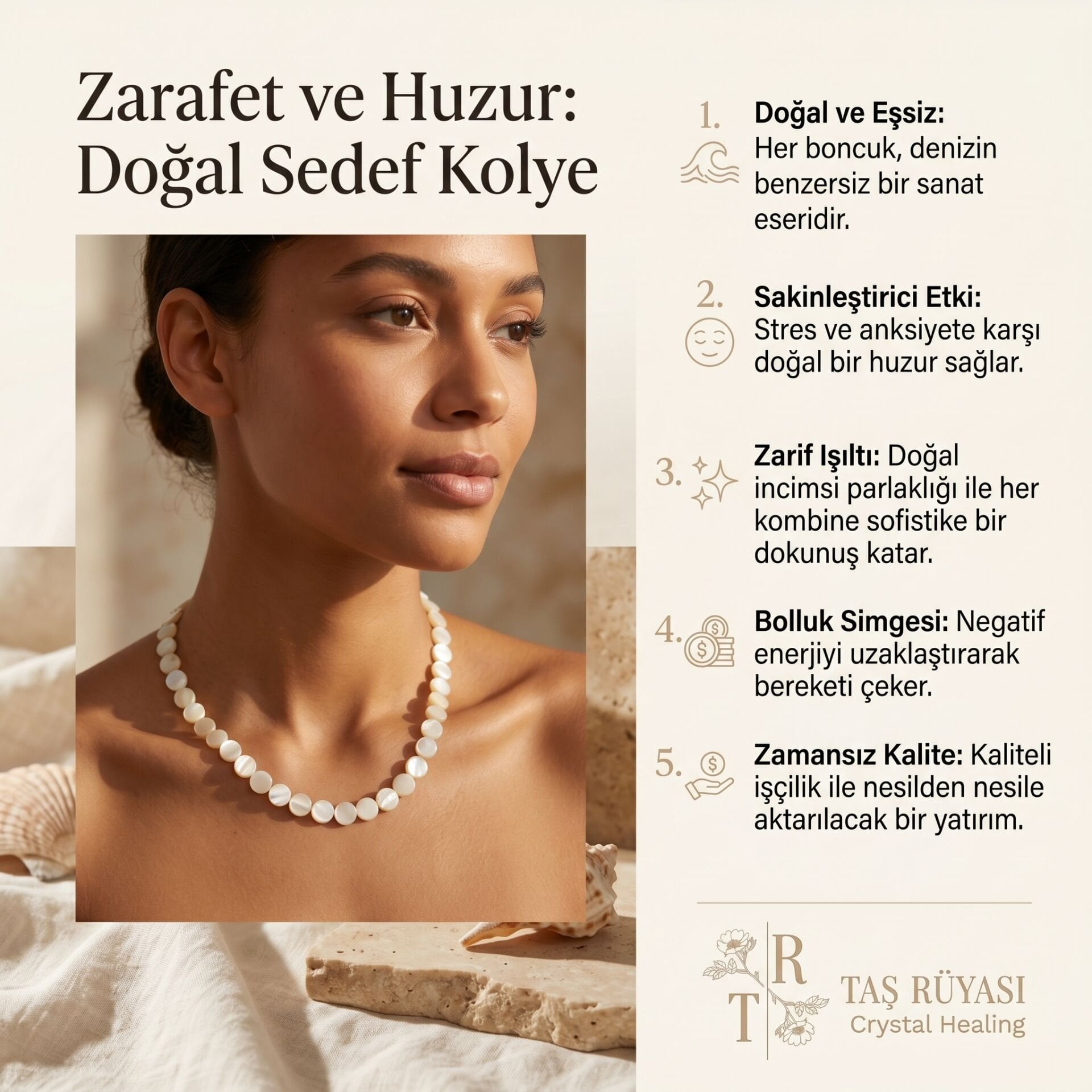 Sedef Kolye 6mm Yuvarlak Yassı Doğal Taş Kolye