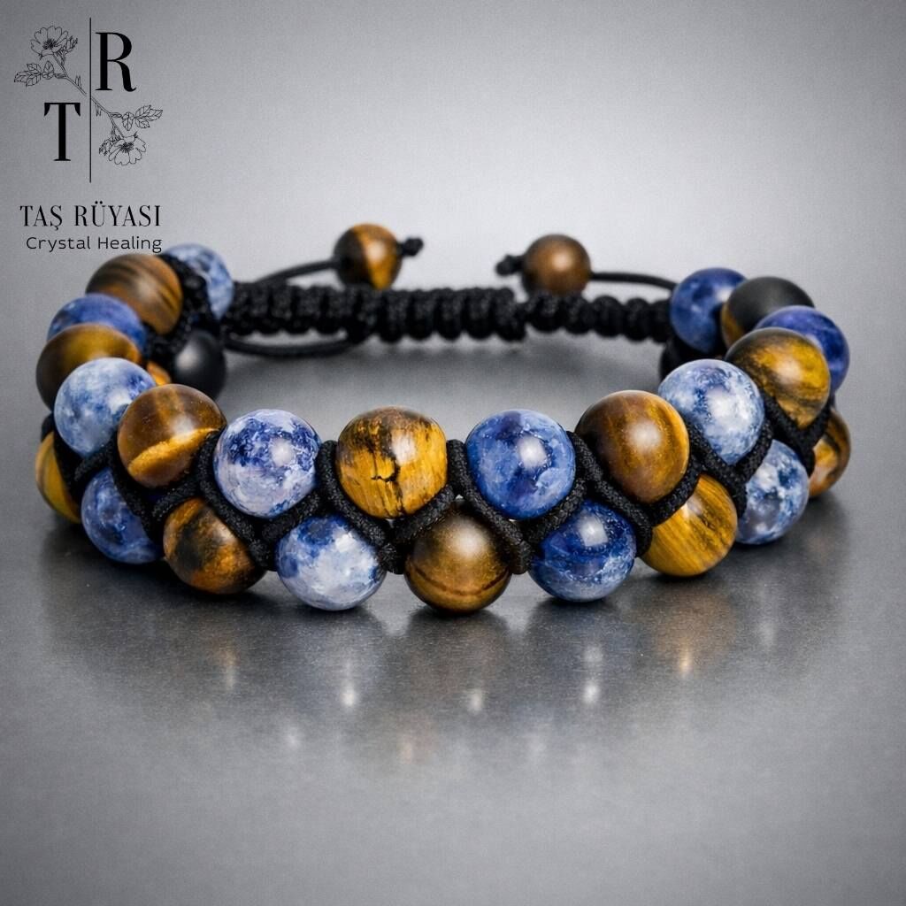 Mavi Aventurin Mat Kaplangözü Çift Sıra Örme Bileklik | Zihin, Özgüven & Koruma Taşı