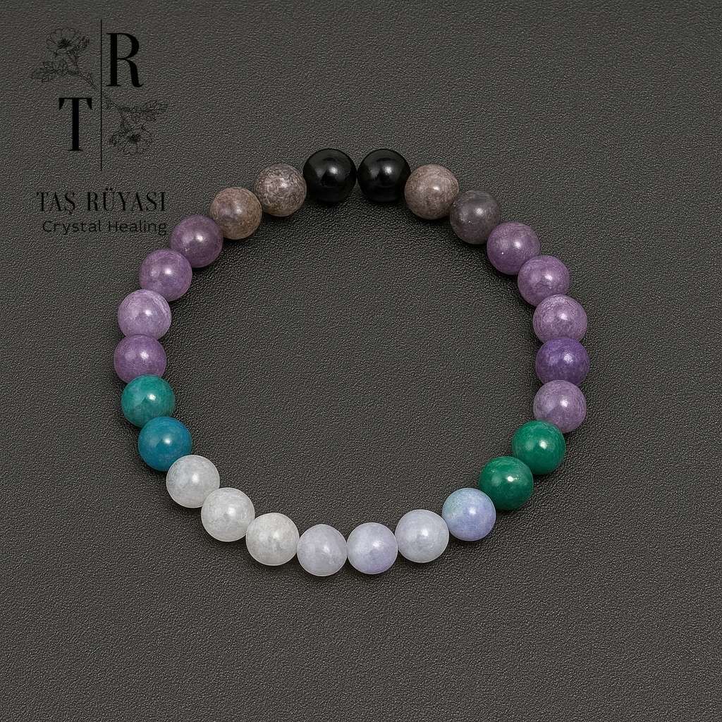 Mavi Dentrit Akik Apatit Ametist Lepidolit Siyah Turmalin Bileklik | İletişim, Denge, Stres