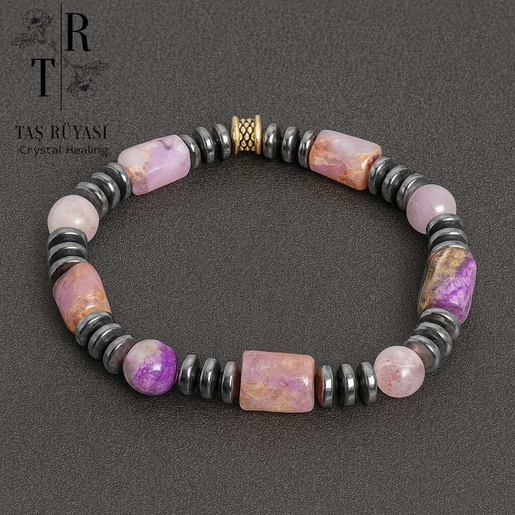 Morganit, Pembe Kuvars, Ceroit, Hematit, Ametist Bileklik | Negatif Enerji Temizliği ve Stres