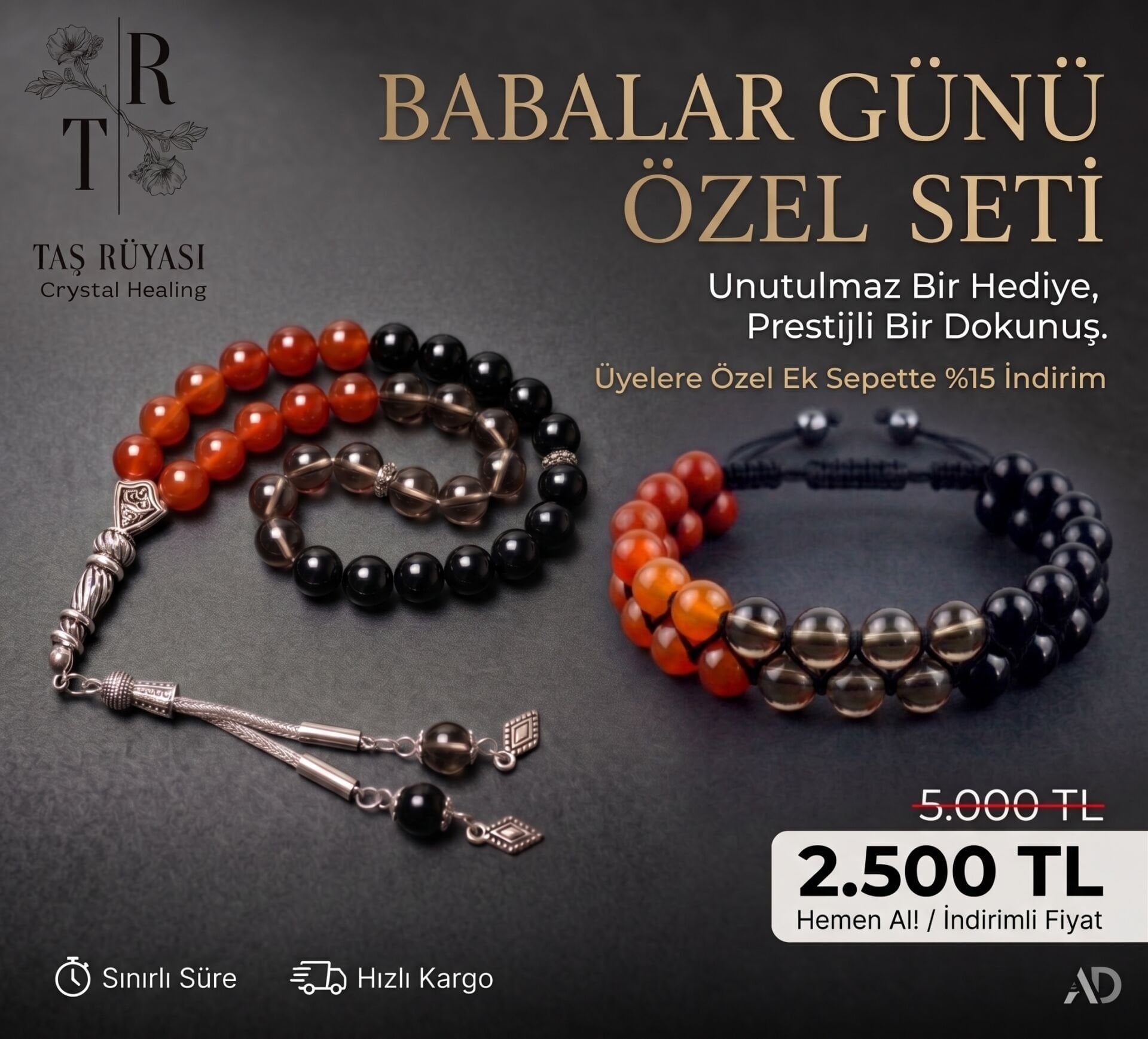 Babalar Günü Tesbih Bileklik Set ( Toprak- Ateş Elementi)