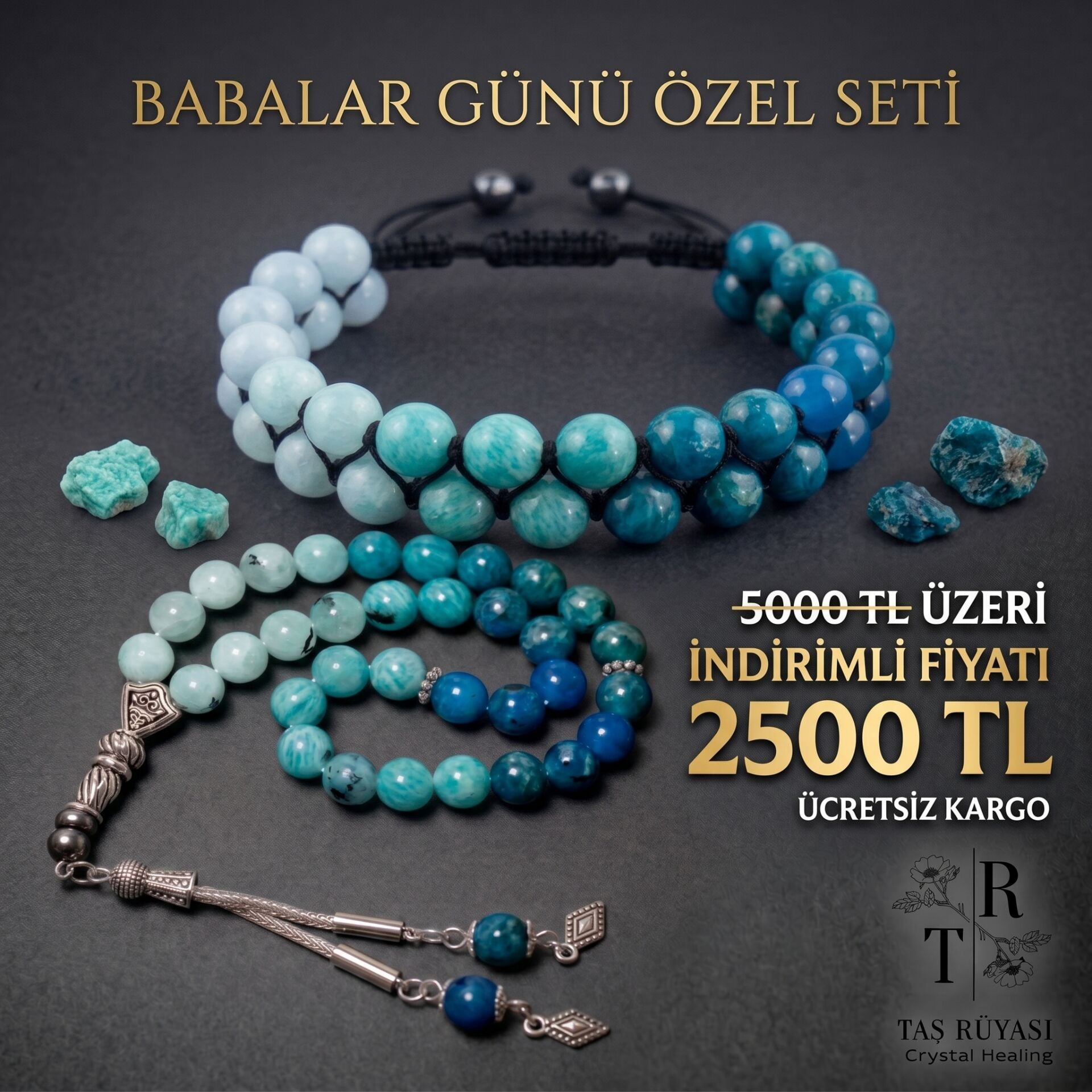 Babalar Günü Özel  Akuamarin, Amazonit ve Apatit Tesbih Bileklik Seti ( Hava ve Su Elementi)