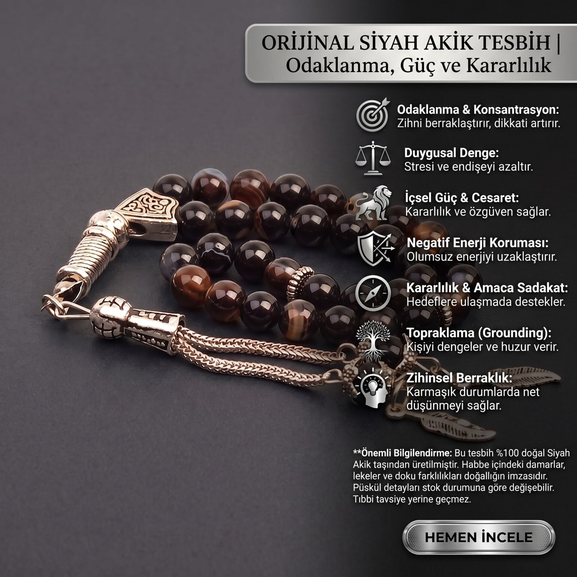 Siyah Akik Tesbih 8 mm 33'lük