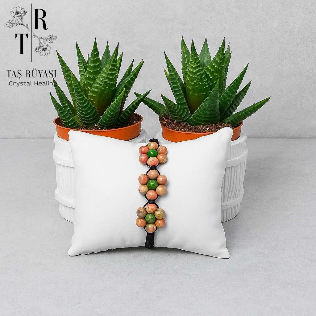 Rodokrozit Kanada Yeşim Taşı Çiçek Motifli Örme Bileklik 6 Mm