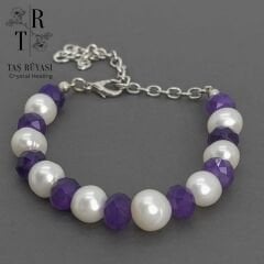 Rondel Kesim Ametist Inci Ayarlanabilir Bileklik
