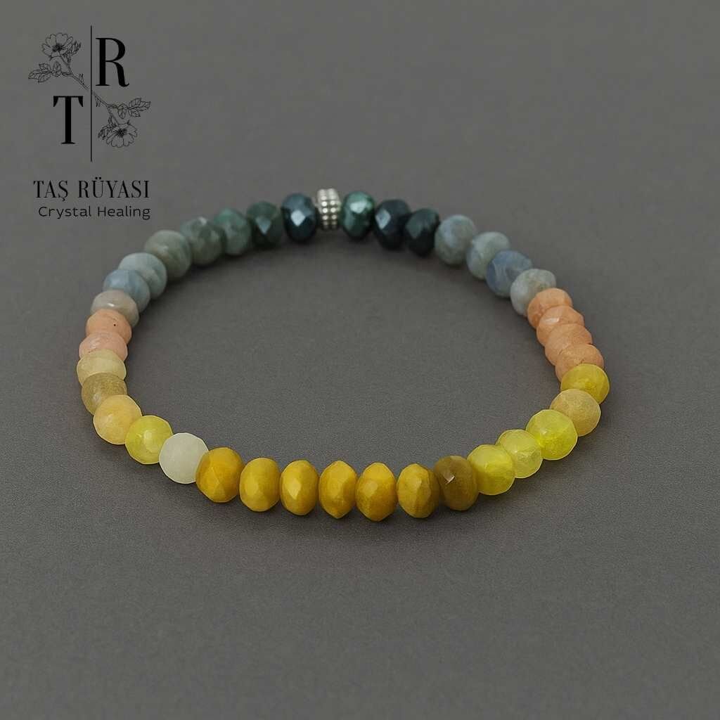 Rondel Kesim Sarı Kaplangözü Altın Rutil Kuvars Güneş Taşı Labradorit Anyolit Bileklik (17 Cm)