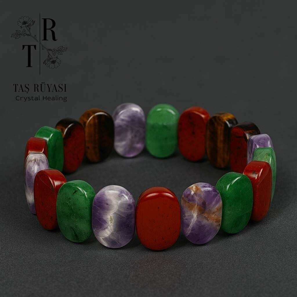 Kırmızı Jasper, Ametist, Aventurin & Kaplangözü Rolex Model Doğaltaş Bileklik 12 mm | Güç, Şans, Ruhsal Koruma ve Denge