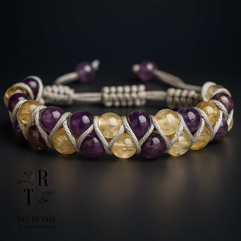 Sitrin Ametist Çift Sıra Örme Bileklik