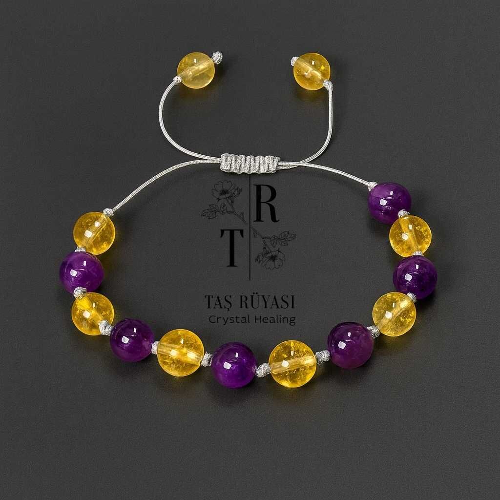 Sitrin Ametist Örme Bileklik 8 Mm | Bolluk Bereket Nazar