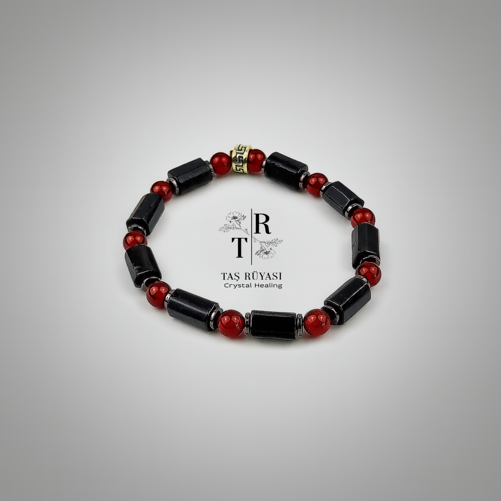 Siyah Turmalin Kırmızı Akik Hematit Bileklik