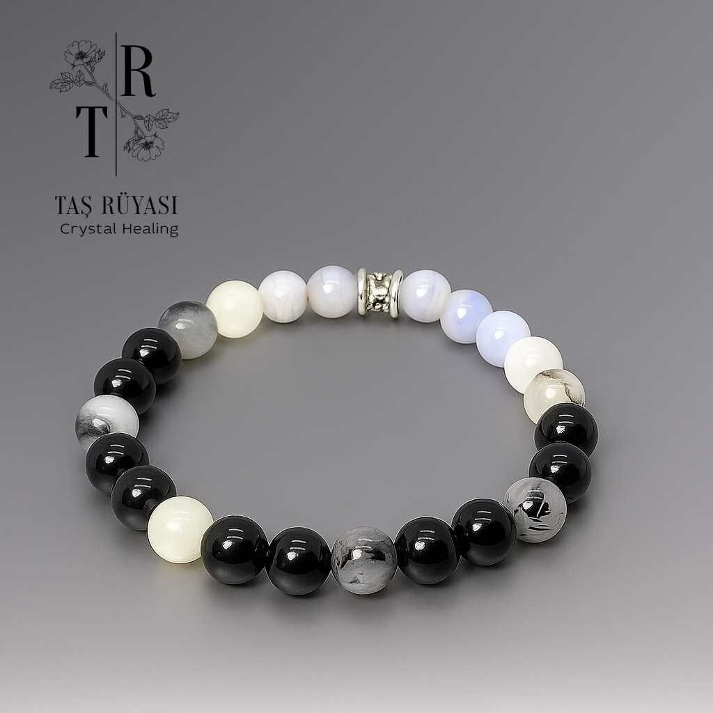 Siyah Turmalin Rutil Kuvars Mavi Dentrit Akik Bileklik 8 Mm