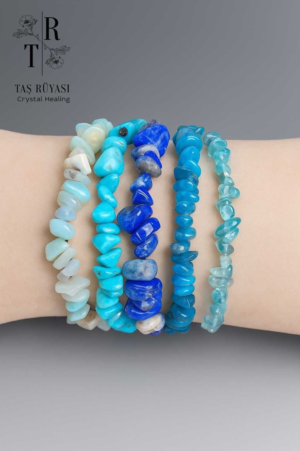 Turkuaz Apatit(mat) Lapis Lazuli Amazonit Apatit (şeffaf) 5'li Örme Bileklik