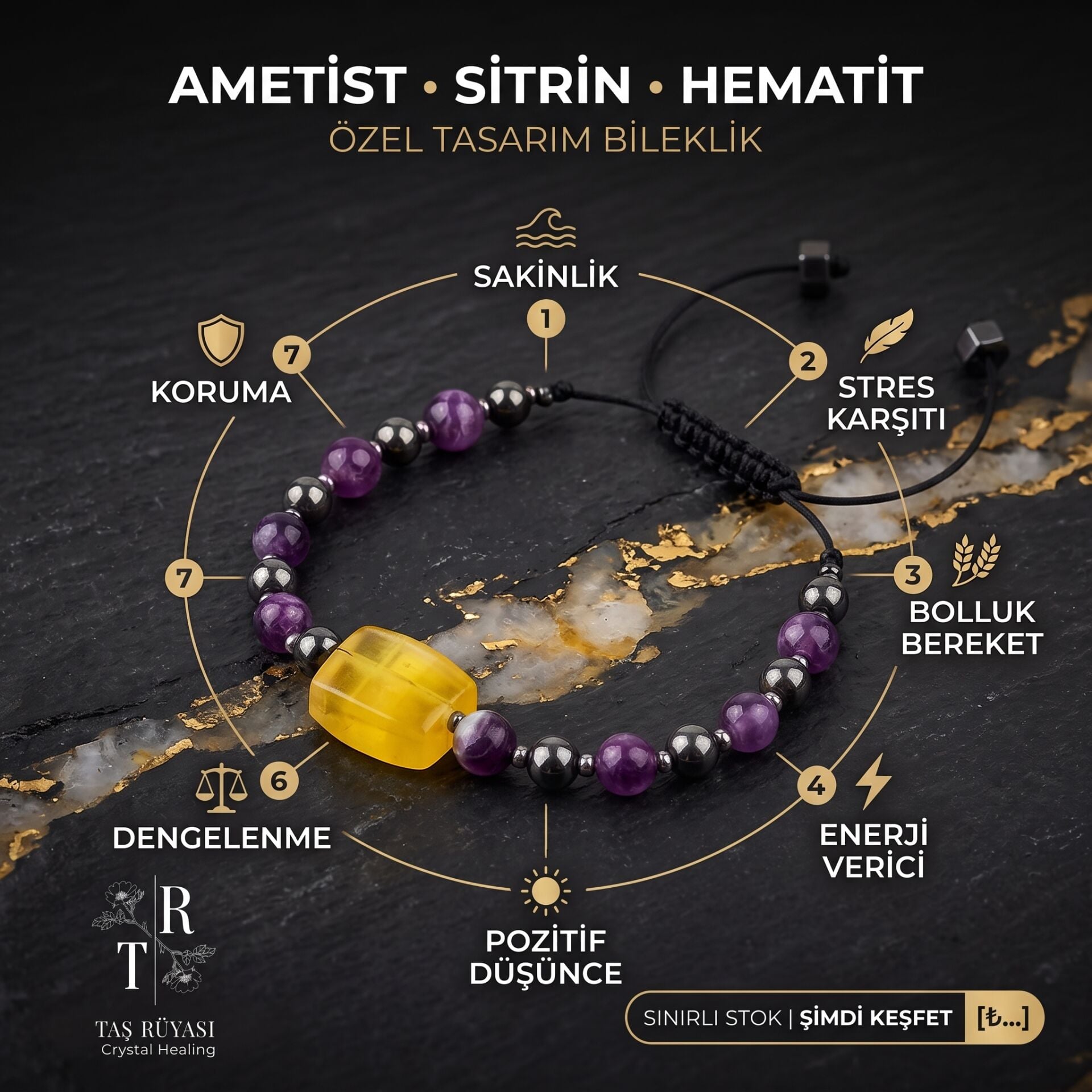 Sitrin Ametist Hematit Örme Bileklik