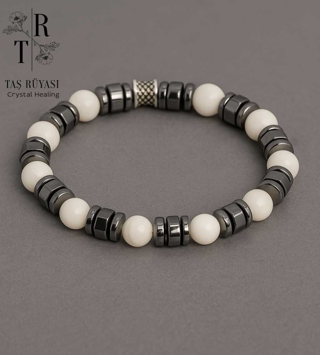 Beyaz Sedef Taşı Hematit Doğal Taş Bileklik 7 mm