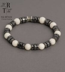 Beyaz Sedef Taşı Hematit Doğal Taş Bileklik 7 mm