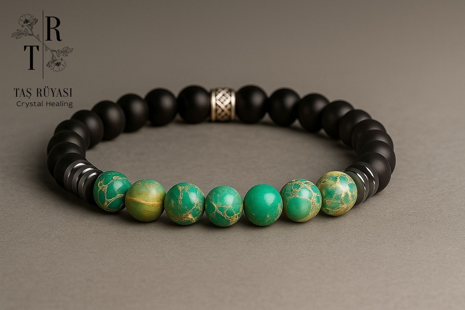 Mat Obsidyen – Yeşil Varisit – Hematit  Bileklik | Koruma, Denge ve Zihinsel Güç
